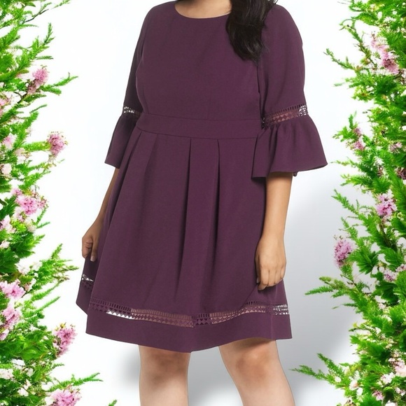 Eliza J ‘3/4 Length Bell Sleeve Fit & Flare Dress’ in “Plum Burgundy” Size 12 - Picture 3 of 15
